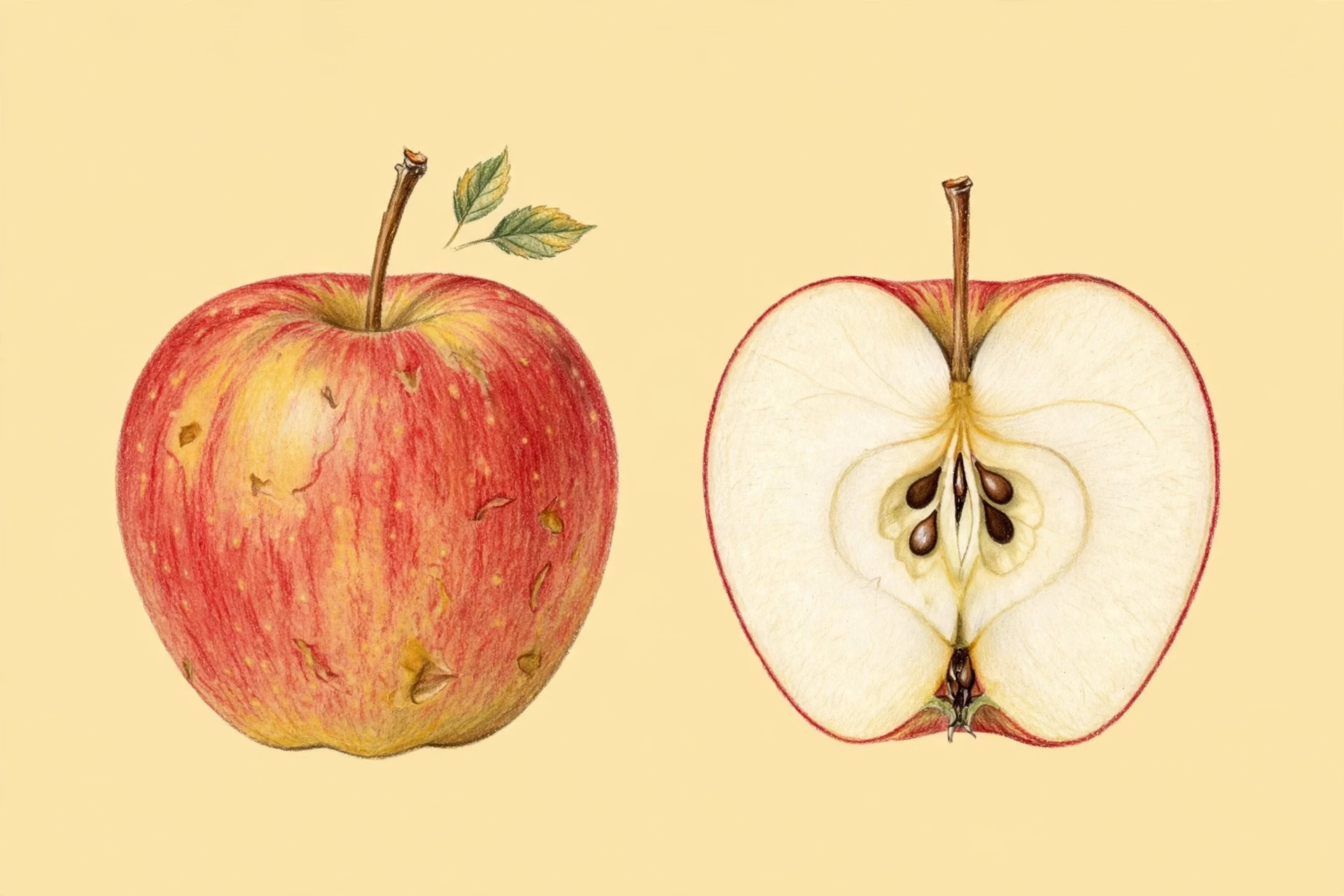 Botanical illustration of a whole Ambrosia apple and a vertical cutaway showing its pale flesh, core and seeds